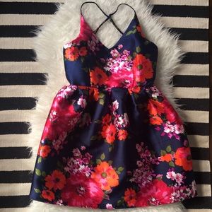 Navy blue pink Floral Party Dress fit & flair Sz 5 Juniors